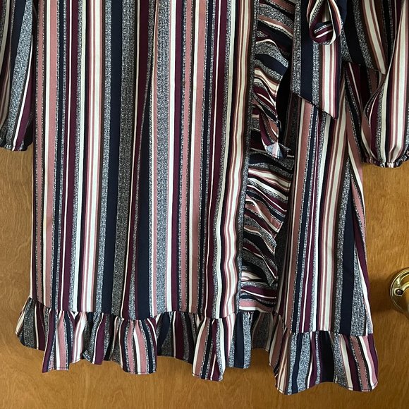 Womens Dress Juniors Large Wrap Mini Striped Long Sleeve V-Neck Navy Berry Teens - Picture 4 of 7